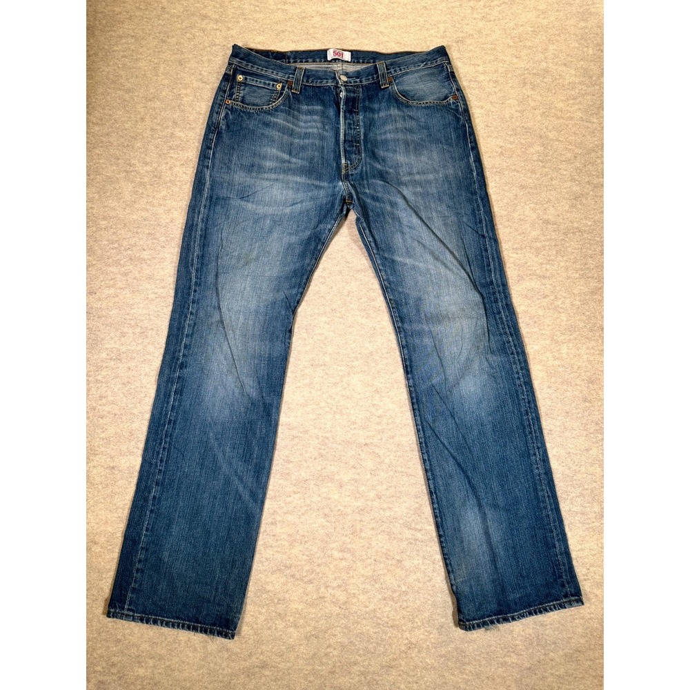Levis 501 Original Straight Leg Jeans Men 36x34 Blue Whiskering Denim Button Fly